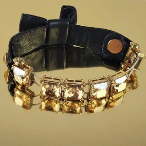 Henri Bendel Champagne Crystal Leather Bow Bracelet 8" Elastic Stretched Out Oth